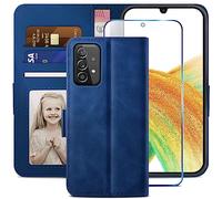 YATWIN Cover Samsung Galaxy A33 5G con Vetro Temperato, Cover a Libro Samsung A33, Flip Custodia Portafoglio in Pelle Premium Slot, Magnetica Cover con Funzione Stand per Samsung A33 5G - Blu