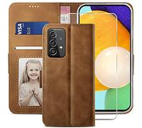 YATWIN Cover Samsung Galaxy A52 5G/A52s 5G con Vetro Temperato, Custodia a Libro in Pelle, Portafoglio Kickstand Slot, Magnetica per Samsung Galaxy A52/A52s 5G - Marrone Scuro