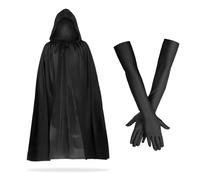 YAUOIPI 2 Pezzi Costume da Vampiro Halloween Set,Mantello Nero da 140 cm Guanti Lunghi 53 cm,Mantello da Vampiro Cosplay Costume Accessori per Adulti Halloween Carnevale Mascherata (Nero)
