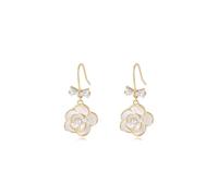 YAXUN Orecchini a forma di fiore in argento Sterling 925 placcato oro, orecchini pendenti in camelia rosa, con perla e fiocco in zircone cubico
