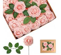 yayafunfun Rose Schiuma Rosa Scuro,Teste di Fiori Artificiali 25 Pezzi, Rose Finte Schiuma Teste di Rose Con Foglie,Rosa Artificiali in Gommapiuma per Matrimonio Bouquet Sposa Torte DIY Decorazioni