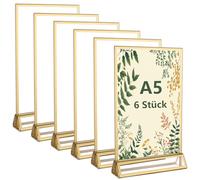 YAYODS 6 pezzi in acrilico - Espositore A5 double face - Cornice portafoto oro con base rimovibile - Porta segnaposto per porta carte di credito, porta menù, cornici per foto, ristoranti