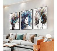 Yayun Art 3 pezzi donne ragazza testa con capelli colorati tela pittura nordica moderna stampe arte della parete per soggiorno decorazioni per la casa 50x70 cm/20x28inx3 pezzi senza cornice