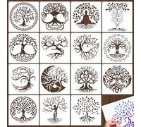 Yazhiji 15 Pezzi 15 x 15 cm Stencil Albero della Vita, Stencil Riutilizzabili per Dipingere su Legno, Modelli per Dipinti Decorativi per Pareti, Pavimenti, Decorazioni Fai da Te, Regali di Natale per