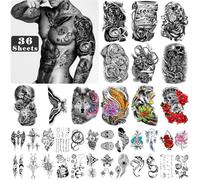 Yazhiji 36 fogli di adesivi per tatuaggi temporanei include 12 fogli di adesivi di grandi dimensioni per falsi tatuaggi sulle spalle per uomo e donna