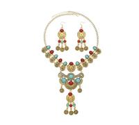 Yazilind Boho Istruzione Set di Gioielli per le Donne - Oro-Tono Etnico Collana e Orecchini con il Rosso e il Turchese, Perle, Vintage Gypsy Festival Gioielli