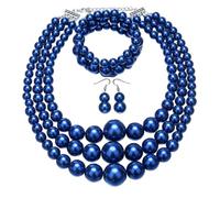 Yazilind Donna Perla Gioielli Set 3 Pezzi Strati di Perline di Collana, Bracciale e Orecchini, Elegante Dichiarazione di bigiotteria per Matrimoni, Feste e gli Eventi Formali(Blu)