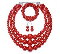 Yazilind Donna Rosso Perla Gioielli Set - 3 Pezzo Multi-Strato di Perline Collana, Bracciale e Orecchini, Elegante Dichiarazione di bigiotteria per Matrimoni, Feste e Occasioni Formali