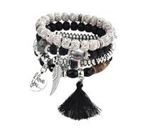 Yazilind Multicolore Perline Bracciale Elasticizzato con 'I Love You' di Fascino e Nero Nappa - Boho Gioielli Amore
