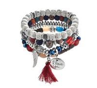 Yazilind Multicolore Perline Bracciale Elasticizzato con 'I Love You' di Fascino e Rosso Nappa - Boho Gioielli Amore