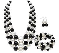 Yazilindi Donne in Bianco e Nero Perla Gioielli Set 3 Pezzi Strati di Perline di Collana, Bracciale e Orecchini, Elegante Dichiarazione di bigiotteria per Matrimoni, Feste e gli Eventi Formali