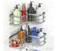 Yazoni Mensola angolare per doccia, senza foratura, 2 pezzi, supporto per shampoo, per doccia, mensole da parete per bagno, con 8 ganci, grande capacità, cestino da doccia antiruggine, grigio
