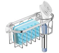 Yazoni Supporto per spugna 2 in 1 per lavello da cucina, con ventosa/contenitore, senza trapano, antiruggine, organizer per posizionare piatti, spazzole e sapone (argento)