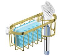 Yazoni Supporto per spugna 2 in 1 per lavello da cucina, con ventosa, per spugne, lavello da cucina, senza trapano, antiruggine, organizer per lavare i piatti, spazzole, sapone e spugna (oro)