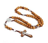 YAZWUR Collana Rosario Cattolico con Perline di Preghiera in Legno Naturale e Croce di San Benedetto con Gesù Cristo. Ideale per Sacramenti Cattolici, Battesimi, Messe e Letture Bibliche.