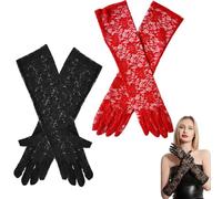 YAZWUR Set 2 Pezzi Guanti Lunghi in Pizzo Donna, Elegante Pizzo Floreale, Accessorio Gotico per Anni 1920, Tea Party, Matrimonio, Sposa, Cosplay, Carnevale (40 cm Lunghezza al Gomito) (Nero + Rosso)