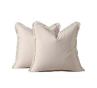 YB-FCJKPA Pack of 2 Washed Cotton Solid Pillow Covers with Tassels, Rustic Boho Farmhouse Pillowcase Decorative Cushion Covers for Sofa Living Room Home Decor (Beige)