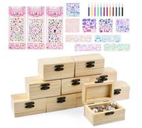 YBCCBY 10 Pz Mini Scrigno del Tesoro Fai Da Te,DIY Mini Scatole in Legno,Cassette del Tesoro in Legno con Strumenti di Pittura e Adesivi con Diamanti per Artigianale Festa Pirata Compleanno