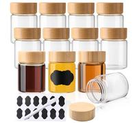 YBCPACK 12 piccole bottiglie da riempire da 60 ml, mini bicchierini con coperchio in bambù in vetro borosilicato, con etichette e penna, lavabili in lavastoviglie, riutilizzabili per shots e altre