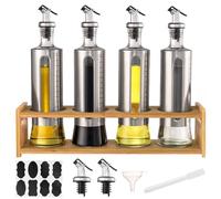 YBCPACK Set di bottiglie di aceto e olio con supporto in bambù, 4 x 500 ml, dispenser olio in vetro vuoto da riempire, bottiglia di olio d'oliva con beccuccio, imbuto, etichette e penna per olio
