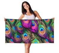 YBGHDAA Colorful Piuma di Pavone Stampa Stampa Peach Skin Velvet Beach Towel 69,5 "X55" Oversize Quick Dry Viaggio Per Palestra Campeggio