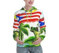 YBGHDAA Felpa con cappuccio invernale foderata termica da donna con tasca, a maniche lunghe, con tasca e bandiera di Porto Rico, palme e rana, Nero , M