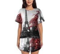 YBGHDAA Grigio Parigi Torre Eiffel Paesaggio urbano fiore rosso estate da donna a maniche corte pigiama set 2 pezzi outfit morbido traspirante loungewear Button Top & pantaloncini elastici con