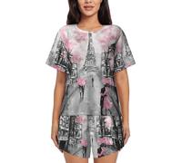 YBGHDAA Paris Street Torre Eiffel rosa floreale estivo da donna a maniche corte pigiama set 2 pezzi outfit morbido traspirante loungewear top con bottoni e pantaloncini elastici con coulisse con