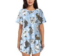 YBGHDAA Pigiama estivo da donna a maniche corte blu con cincillà e luna, set da 2 pezzi, morbido e traspirante, con bottoni e pantaloncini elastici con coulisse con tasche, Nero , S