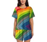 YBGHDAA Pigiama estivo da donna a maniche corte color arcobaleno a righe set da 2 pezzi abbigliamento morbido traspirante con bottoni e pantaloncini elastici con coulisse con tasche, Nero , XL
