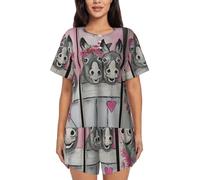 YBGHDAA Pigiama estivo da donna a maniche corte con asino e fiore, set da 2 pezzi, morbido e traspirante, con bottoni e pantaloncini elastici con coulisse con tasche, Nero , 3XL