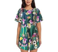 YBGHDAA Pigiama estivo da donna a maniche corte con cactus in fiore, set da 2 pezzi, morbido e traspirante, con bottoni e pantaloncini elastici con coulisse con tasche, Nero , M