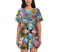 YBGHDAA Pigiama estivo da donna a maniche corte con fiore colorato, set da 2 pezzi, morbido e traspirante, con bottoni e pantaloncini elastici con coulisse con tasche, Nero , XXL