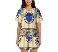 YBGHDAA Pigiama estivo da donna a maniche corte con scarabeo egiziano, set da 2 pezzi, morbido e traspirante, con bottoni e pantaloncini elastici con coulisse con tasche, Nero , XXL