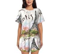 YBGHDAA Pigiama estivo da donna a maniche corte Parigi Torre Eiffel, set da 2 pezzi, morbido e traspirante, con bottoni e pantaloncini elastici con coulisse con tasche, Nero , XL