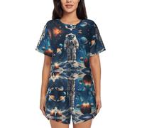 YBGHDAA Space Summer - Pigiama da donna a maniche corte, 2 pezzi, morbido, traspirante, con bottoni e pantaloncini elastici con coulisse e tasche, Nero , S