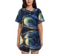 YBGHDAA Starry Night Sky Deep Outer Space Summer Ladies Manica Corta Pigiama Set 2 Pezzi Outfit Morbido Traspirante Loungewear Button Top & Elastico Coulisse Pantaloncini con Tasche, Nero , L
