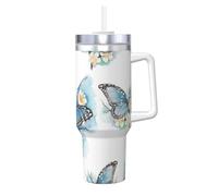YBGHDAA Tazza blu con stampa di fiori su fiore di ghiaccio da 1,18 l, con manico, in acciaio inox, a prova di perdite, per donne e uomini