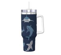 YBGHDAA Tazza blu con stampa di squalo del fumetto da 1,18 l, tazza con manico in acciaio inox, a prova di perdite, per donne e uomini