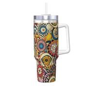 YBGHDAA Tazza con motivo floreale con cerchi etnici da 1,18 l, con manico, in acciaio inox, a prova di perdite, per donne e uomini