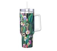 YBGHDAA Tazza con stampa di cactus in fiore da 1,18 l, con manico, in acciaio inox, a prova di perdite, per donne e uomini