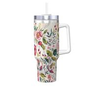 YBGHDAA Tazza con stampa di foglie di fiore, 1,18 l, con manico, in acciaio inox, a prova di perdite, per donne e uomini