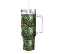 YBGHDAA Tazza con stampa di foglie di fiore, 1,18 l, con manico, in acciaio inox, a prova di perdite, per donne e uomini