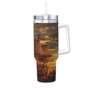 YBGHDAA Tazza con stampa di nave pirata fantasy da 1,18 l, con manico, in acciaio inox, a prova di perdite, per donne e uomini
