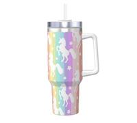 YBGHDAA Tazza con stampa di unicorni su strisce colorate da 1,18 l, con manico, in acciaio inox, a prova di perdite, per donne e uomini