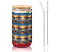 YBGHDAA Ultimi raggi di sole con stampa di onde sul mare, 1 pezzo, con coperchio e cannuccia, bicchieri in vetro da 473 ml, ideali per whisky, birra, tè