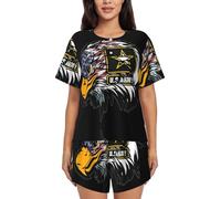 YBGHDAA US Army Cool American Flag Eagle Summer Ladies Manica Corta Pigiama Set 2 Pezzi Outfit Morbido Traspirante Loungewear Button Top & Elastico Coulisse Pantaloncini con Tasche, Nero , XXL