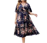 Ybing Abito da donna, elegante, a maniche corte, a vita alta, maxi abito estivo con stampa 3D, girocollo, scollo a V, lunghezza alla caviglia, a maniche corte, per il tempo libero, XL-4XL, #04 Blu