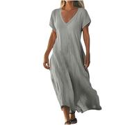 Ybing Abito in mussola da donna, tinta unita, a maniche corte, in lino, casual, boho, da spiaggia, con scollo a V, lunghezza alla caviglia, in cotone e lino, per il tempo libero, grigio., L