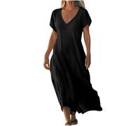 Ybing Abito in mussola da donna, tinta unita, a maniche corte, in lino, casual, boho, da spiaggia, con scollo a V, lunghezza alla caviglia, in cotone e lino, per il tempo libero, Nero , L